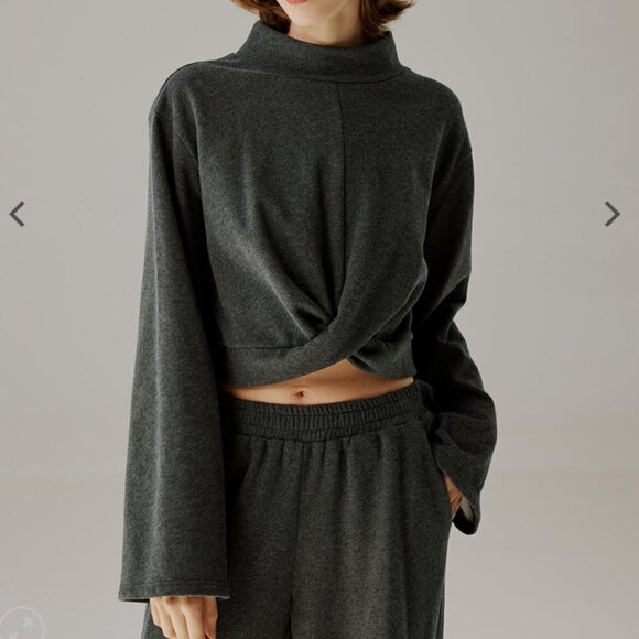 Nap Loungewear | Mock Neck Crop Top Twist Pullover Sweatshirt Dark Grey Size L - Picture 2 of 13